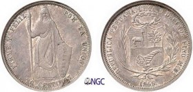 1135-Pérou
 République (1821 à nos jours)
 Epreuve sur flan bruni du 50 centimos argent - 1855
 MB Lima.
 Rarissime et d’une qualité remarquable....