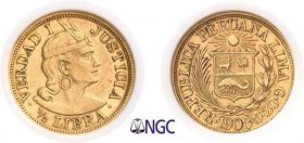 1139-Pérou
 République (1821 à nos jours)
 1/2 libra or G.OZ.G - 1908 Lima.
 Exemplaire de la collection Eliasberg.
 3.99g - KM 209 - Fr. 74
 Sup...