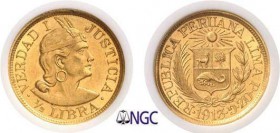 1140-Pérou
 République (1821 à nos jours)
 1/2 libra or G.OZ.G - 1913 Lima.
 Exemplaire de la collection Eliasberg.
 Le seul exemplaire gradé.
 3...
