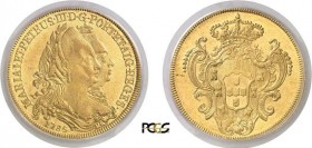 1161-Portugal
 Marie et Pierre III (1777-1786)
 4 escudos or ou 6.400 reis or - 1785 Lisbonne.
 Le plus bel exemplaire gradé.
 14.3g - Gomes 27.15...