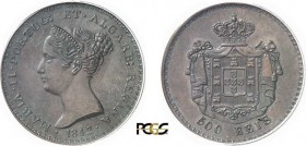 1170-Portugal
 Marie II (1834-1853)
 Epreuve en cuivre du 500 reis argent - 1842 - W.Wyon.
 Tranche lisse - Frappe monnaie.
 Rarissime.
 Le seul ...