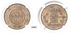 1173-Portugal
 Louis Ier (1861-1889)
 Essai en cuivre du XX reis et 2 1/2 reis - 1863 Bruxelles
 L. Wiener ?
 Revers du coin du 2 1/2 francs Léopo...