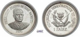 1181-République Démocratique du Congo (1964-
 1971)
 Essai en argent sur flan bruni du 1 zaïre - 1970.
 Très rare.
 Le seul exemplaire gradé.
 KM...
