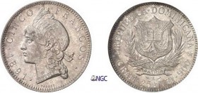 1182-République Dominicaine
 IIème République (1865-1916/1924 à nos jours)
 5 francs - 1891 A Paris.
 Rare dans cette qualité.
 25.0g - KM 12
 Pr...