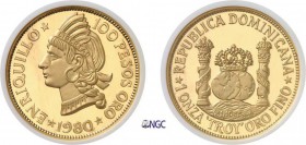 1187-République Dominicaine
 IIème République (1865-1916/1924 à nos jours)
 Epreuve sur flan bruni du 100 pesos or - 1980.
 D’une grande rareté - E...