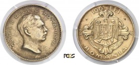 1202-Roumanie
 Charles II (1930-1940)
 Epreuve en bronze doré du 100 lei - 1939 Bucarest.
 D’une grande rareté.
 Le seul exemplaire gradé.
 Exemp...