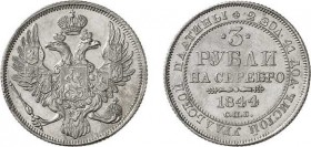 1215-Russie
 Nicolas Ier (1825-1855)
 3 roubles en platine - 1844 СПБ Saint-Pétersbourg.
 Frappe d’époque ou frappe postérieure ?
 10.27g - Bit. 9...