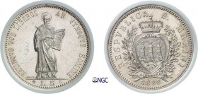 1230-Saint Marin (République de)
 5 lires - 1898 R Rome.
 Magnifique exemplaire.
 25.0g - Mont. 1 - KM 6
 Superbe à FDC - NGC MS 62