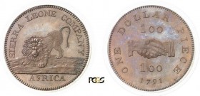 1243-Sierra Leone
 Epreuve en cuivre sur flan bruni du 1 dollar / 100 cents
 1791 Soho (Birmingham).
 Rarissime dans cette qualité.
 Le plus bel e...