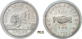1244-Sierra Leone
 1 dollar / 100 cents - 1791 Soho (Birmingham).
 Très rare - 6.560 exemplaires.
 Chocs sur la tranche.
 25.79g - KM 6
 Superbe ...