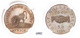 1246-Sierra Leone
 Epreuve en cuivre sur flan bruni du 1/2 dollar / 50
 cents - 1791 Soho (Birmingham).
 Très rare dans cette qualité.
 Deuxième p...