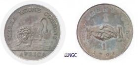 1247-Sierra Leone
 Epreuve en cuivre sur flan bruni du 1 penny - 1791
 Soho (Birmingham).
 Type de 30 mm.
 KM 2.2
 Flan Bruni - NGC PF 64 BN