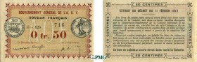 1248-Soudan
 0.50 franc - Décret du 11 février 1917 - Filigrane feuilles
 de laurier.
 Très rare.
 Kolsky 387 - Pick A1b
 Superbe - PMG AU 50