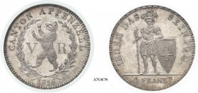 1253-Suisse
 Canton d’Appenzell
 4 francs - 1816 Berne.
 Très rare - 1.850 exemplaires.
 KM 12 - HMZ 2-28b
 Superbe à FDC - ANACS MS 61