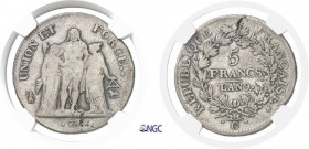 1259-Suisse
 Canton de Genève
 Consulat (1799-1804)
 5 francs - An 9 G Genève.
 Rarissime - 6.985 exemplaires.
 Le seul exemplaire gradé.
 Exemp...
