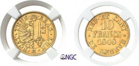 1263-Suisse
 Canton de Genève
 10 francs or - 1848 Genève.
 Rarissime - 336 exemplaires.
 3.80g - HMZ 2-362a - Dem. 709 - Fr. 264
 Superbe à FDC ...