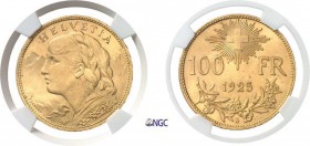 1278-Suisse
 Confédération Helvétique (1848 à nos jours)
 100 francs or - 1925 B Berne.
 Très rare et d'une qualité remarquable.
 32.25g - HMZ 2-1...