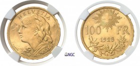 1279-Suisse
 Confédération Helvétique (1848 à nos jours)
 100 francs or - 1925 B Berne.
 Très rare et d'une qualité remarquable.
 32.25g - HMZ 2-1...