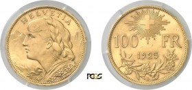 1280-Suisse
 Confédération Helvétique (1848 à nos jours)
 100 francs or - 1925 B Berne.
 Très rare et d'une qualité remarquable.
 32.25g - HMZ 2-1...