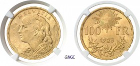 1281-Suisse
 Confédération Helvétique (1848 à nos jours)
 100 francs or - 1925 B Berne.
 Très rare et d'une qualité remarquable.
 32.25g - HMZ 2-1...