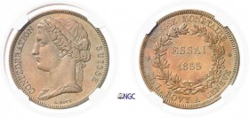 1284-Suisse
 Confédération Helvétique (1848 à nos jours)
 Essai en cuivre du 5 francs - 1855 - A. Bovy.
 Tranche striée - Frappe monnaie.
 Semble ...