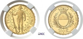 1287-Suisse - Tir Fédéral
 Canton de Fribourg.
 100 francs or - 1934 B Berne.
 D’aspect flan bruni.
 25.94g - HMZ 2-1344a - KM S19 - Fr. 505
 Fla...