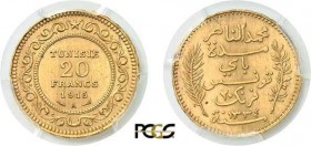 1302-Tunisie
 Mohamed En-Naceur (1324-1340 AH/1906-1922)
 20 francs or - 1915/1334 AH A Paris.
 D'une insigne rareté - 23 exemplaires.
 Le seul ex...