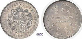 1313-Uruguay
 République (1830 à nos jours)
 1 peso - 1844.
 Frappe médaille.
 Très rare - 1.500 exemplaires.
 27.0g - KM 5
 Superbe à FDC - NGC...