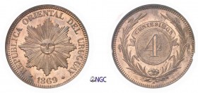1315-Uruguay

 République (1830 à nos jours)

 Epreuve en cuivre sur flan bruni du 4 centesimos

 bronze - 1869 H Heaton (Birmingham).

 Raris...