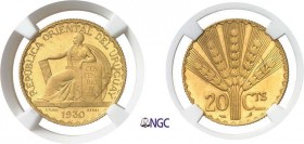 1319-Uruguay
 République (1930 à nos jours)
 Essai en or sur flan bruni du 20 centesimos argent
 1930 Paris - P. Turin.
 Frappé pour le centenaire...