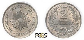 1322-Uruguay
 République (1830 à nos jours)
 Essai en cupro-nickel du 2 centésimos 1924 (éclair) Poissy.
 D’une grande rareté.
 Le plus bel exempl...