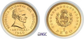 1324-Uruguay
 République (1830 à nos jours)
 Epreuve en or sur flan bruni du 1 peso cupro-nickel - 1960.
 Très rare - 100 exemplaires.
 Le plus be...