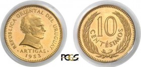 1325-Uruguay
 République (1830 à nos jours)
 Epreuve en or sur flan bruni du 10 centésimos cupronickel
 - 1953.
 Très rare - 100 exemplaires.
 Le...