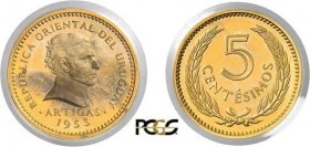1326-Uruguay
 République (1830 à nos jours)
 Epreuve en or sur flan bruni du 5 centésimos cupronickel
 - 1953.
 Très rare - 100 exemplaires.
 Le ...