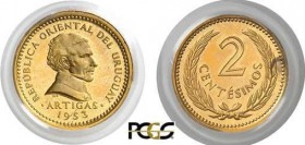 1327-Uruguay
 République (1830 à nos jours)
 Epreuve en or sur flan bruni du 2 centésimos cupronickel
 - 1953.
 Très rare - 100 exemplaires.
 Le ...