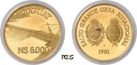 1329-Uruguay
 République (1930 à nos jours)
 Epreuve du 5.000 nuevos pesos sur flan bruni - 1981 Santiago.
 Très rare.
 Le seul exemplaire gradé....