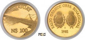 1330-Uruguay
 République (1930 à nos jours)
 Epreuve en or sur flan bruni du 100 nuevos pesos
 argent - 1981 Santiago.
 Rarissime - quelques exemp...