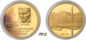 1331-Uruguay
 République (1930 à nos jours)
 Epreuve en or sur flan bruni du 5 nuevos pesos
 cupro-nickel-aluminium - 1975 Santiago.
 Rarissime - ...