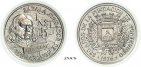 1333-Uruguay
 République (1930 à nos jours)
 Epreuve en argent du 5 nuevos pesos cupro-nickelaluminium
 - 1976 Santiago.
 Très rare.
 Le seul exe...