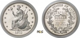 1344-USA
 République fédérale (1789 à nos jours)
 Epreuve sur flan bruni du 1 dollar - 1872 - Longacre.
 Tranche striée.
 Rarissime.
 Judd 1212 (...
