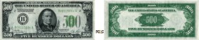 1358-USA
 République fédérale (1789 à nos jours)
 500 dollars « Federal Reserve Note » - Série de 1928 - B New-York.
 Très rare.
 Epinglage.
 Pic...