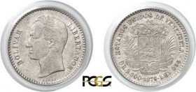 1365-Venezuela
 République (1823 à nos jours)
 1/2 bolivar - 1879 (Bruxelles).
 Très rare dans cette qualité.
 2.5g - KM 21
 TTB - PCGS XF 40
