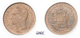 1376-Venezuela
 République (1823 à nos jours)
 Epreuve en cuivre du 2 bolivares acier plaqué nickel
 1989 Caracas ?
 Semble unique.
 Le seul exem...