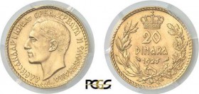 1385-Yougoslavie
 Alexandre I (1921-1934)
 20 dinara or - 1925 Paris.
 Qualité remarquable.
 Deuxième plus haut grade.
 6.45g - KM 7
 FDC Except...