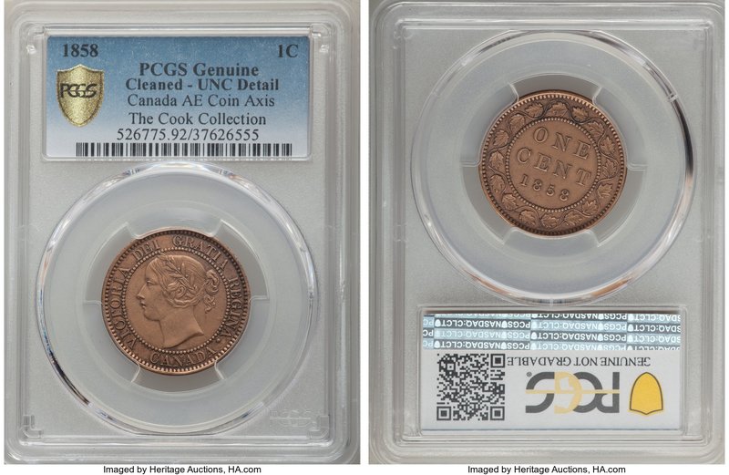 Victoria bronze "Coin Axis" Cent 1858 UNC Details (Cleaned) PCGS, London mint, K...