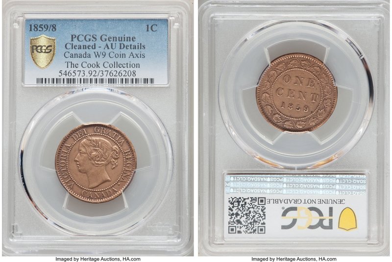 Victoria "Wide 9 - Coin Axis" Cent 1859/8 AU Details (Cleaned) PCGS, London mint...