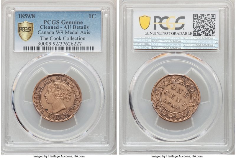 Victoria "Wide 9 - Medal Axis" Cent 1859/8 AU Details (Cleaned) PCGS, London min...