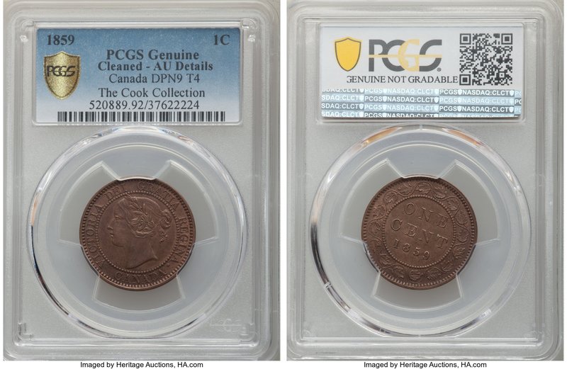 Victoria "Double Punched Narrow 9, Type 4" Cent 1859 AU Details (Cleaned) PCGS, ...