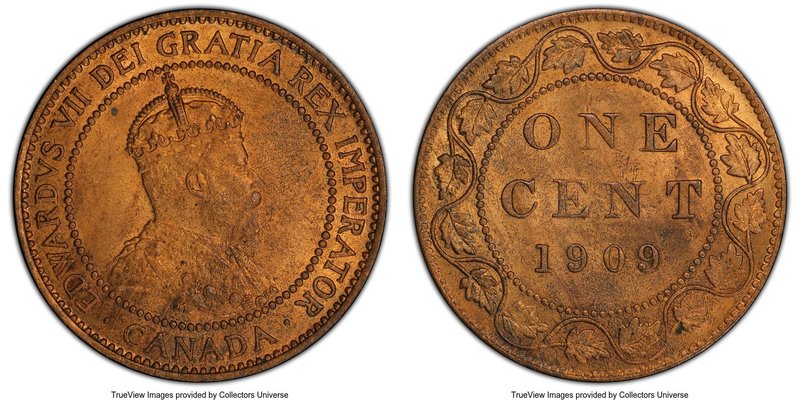 Edward VII Cent 1909 MS64 Red and Brown PCGS, Ottawa mint, KM8. Predominantly re...