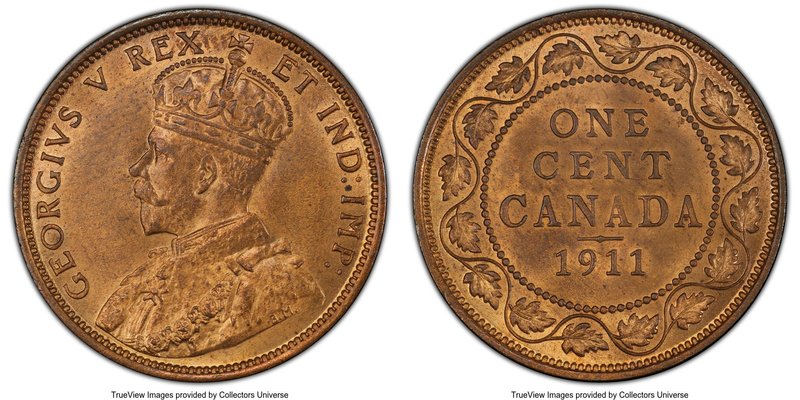 George V Cent 1911 MS65 Red and Brown PCGS, Ottawa mint, KM15. Areas of original...